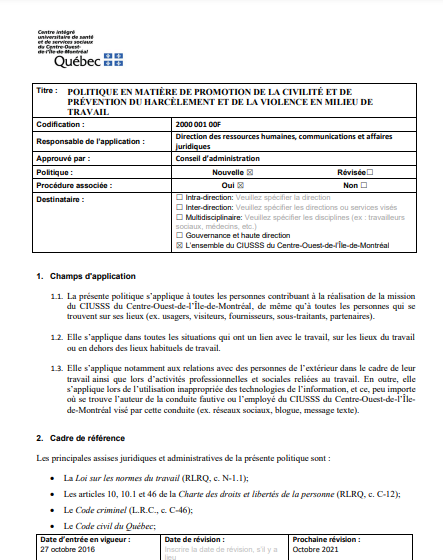 Annexe 7 Politique Promotion de la civilité et prévention du harcèlement Annexe 7 Politique Promotion de la civilité et prévention du harcèlement