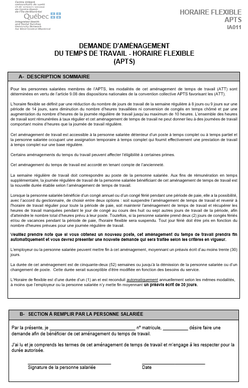 Demande Horaire flexible (horaire comprimé 9/10 ou 9.5/10) Demande Horaire flexible (horaire comprimé 9/10 ou 9.5/10)