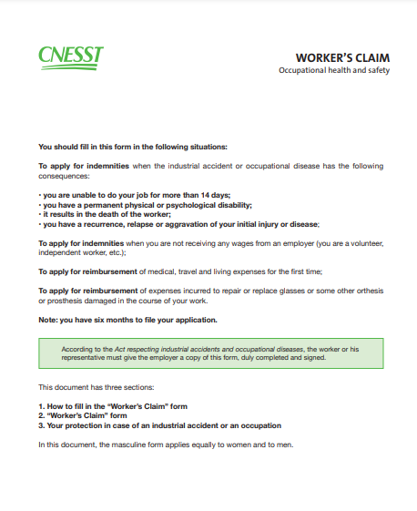 Annex 4 CNESST Worker's Claim Annex 4 CNESST Worker's Claim
