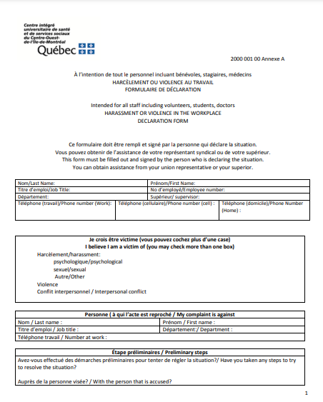 Annex 5 Declaration form for Harassment or Violence in the Workplace Annex 5 Declaration form for Harassment or Violence in the Workplace