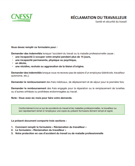 Annexe 4 Formulaire de réclamation du travailleur CNESST Annexe 4 Formulaire de réclamation du travailleur CNESST