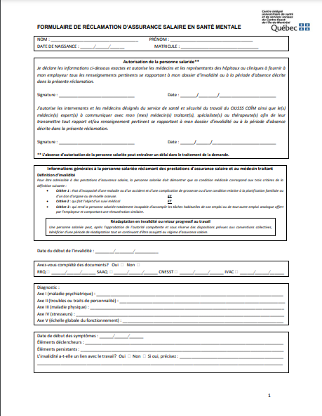 Annexe 9 Formulaire Assurance salaire Santé psychologique Annexe 9 Formulaire Assurance salaire Santé psychologique