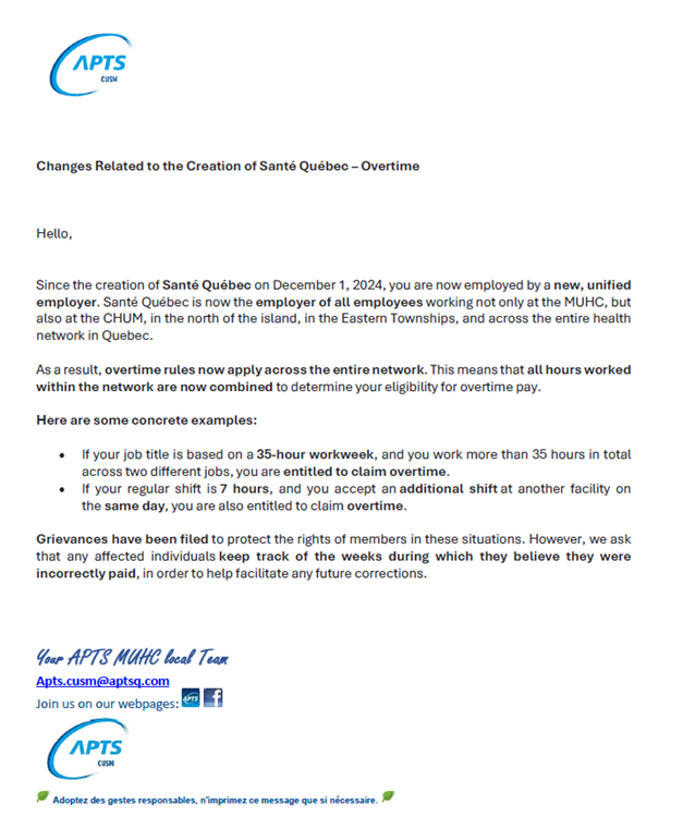 Changement liés à la création de Santé Québec - Temps supplémentaire / Overtime - APTS Changement liés à la création de Santé Québec - Temps supplémentaire / Overtime - APTS