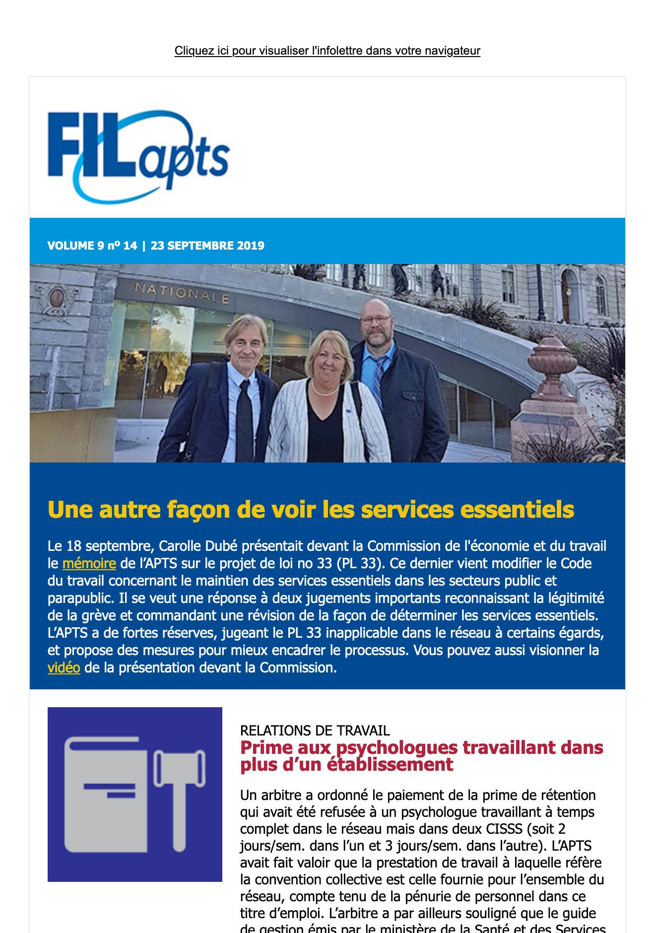 FIL@pts | vol. 9 no 14 L'APTS en commission parlementaire FIL@pts | vol. 9 no 14 L'APTS en commission parlementaire