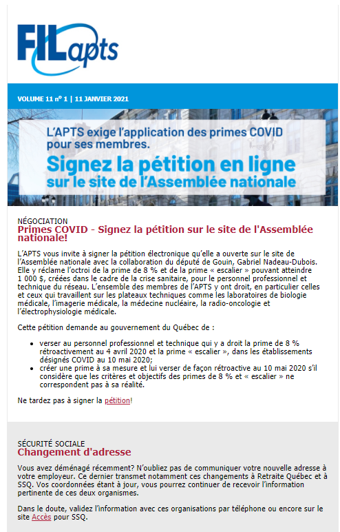 FIL@pts | vol. 11  no 1 Réclamons les primes COVID FIL@pts | vol. 11  no 1 Réclamons les primes COVID