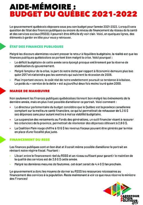 Mémoire sur les consultations prébudgétaires 2021-2022 - fiche explicative Mémoire sur les consultations prébudgétaires 2021-2022 - fiche explicative