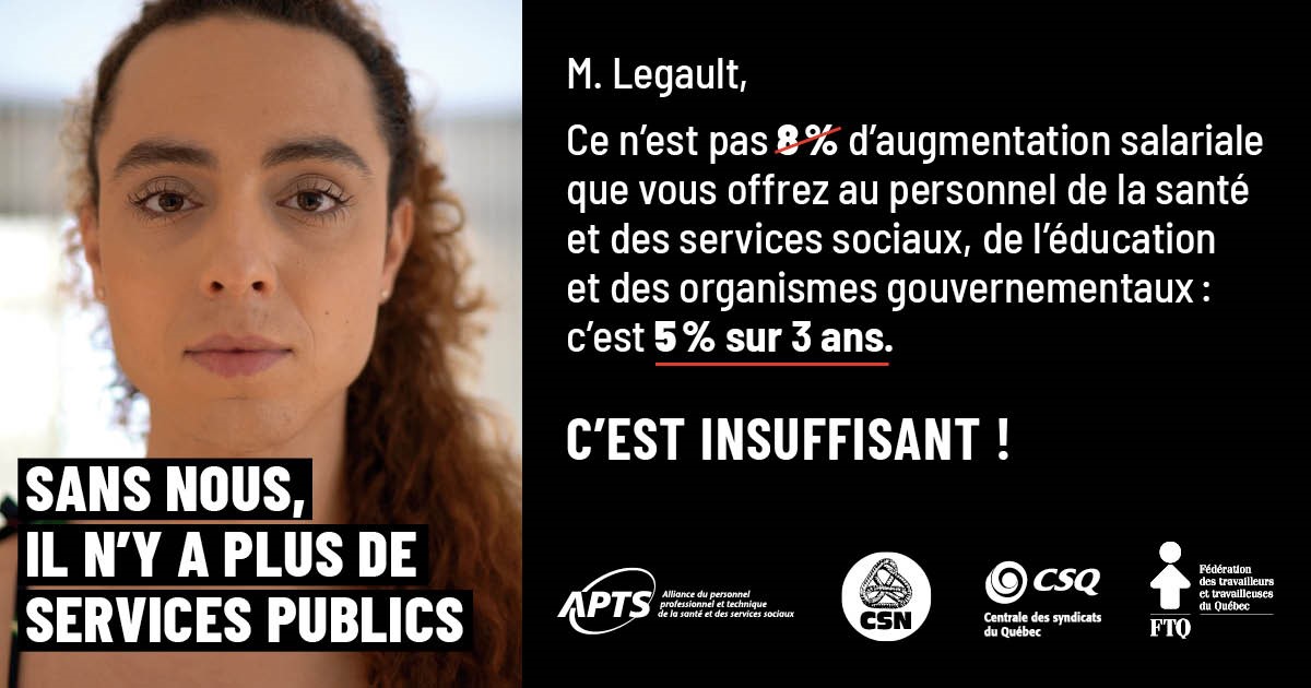 L’APTS, la CSN, la CSQ et la FTQ répondent publiquement à la campagne publicitaire trompeuse du gouvernement Legault - APTS L’APTS, la CSN, la CSQ et la FTQ répondent publiquement à la campagne publicitaire trompeuse du gouvernement Legault - APTS