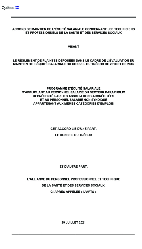 Entente APTS sur le maintien de l'équité 2010 - Juillet 2021 Entente APTS sur le maintien de l'équité 2010 - Juillet 2021