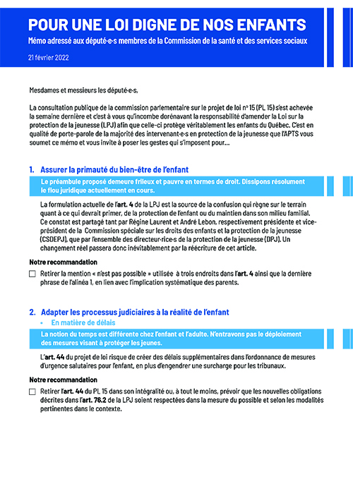 Mémo PL 15 | Pour une loi digne de nos enfants Mémo PL 15 | Pour une loi digne de nos enfants