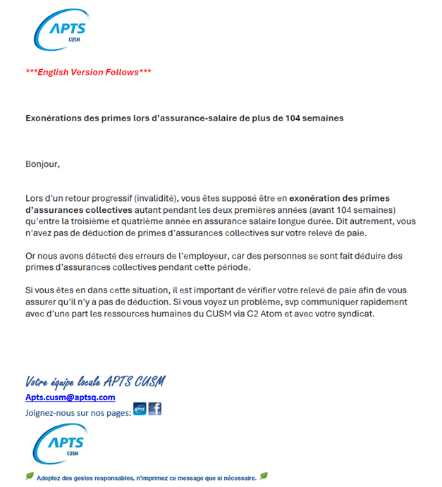Prime d'assurance-salaire / Premium exemption for Disability Insurance - APTS Prime d'assurance-salaire / Premium exemption for Disability Insurance - APTS