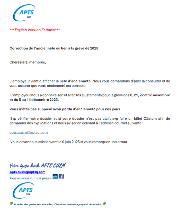 Correction de l'anciennete en lien avec la grève de 2023 / Correction of seniority related to the 2023 strike - APTS Correction de l'anciennete en lien avec la grève de 2023 / Correction of seniority related to the 2023 strike - APTS