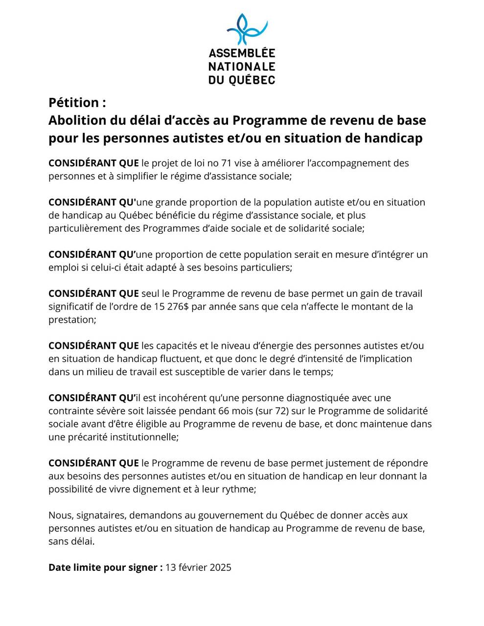 Pétition / Abolition du délai d’accès au Programme de revenu de base pour les personnes autistes et/ou en situation de handicap - APTS Pétition / Abolition du délai d’accès au Programme de revenu de base pour les personnes autistes et/ou en situation de handicap - APTS