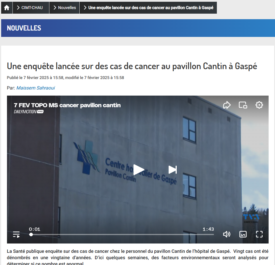 Une enquête lancée sur des cas de cancer au pavillon Cantin à Gaspé - APTS Une enquête lancée sur des cas de cancer au pavillon Cantin à Gaspé - APTS