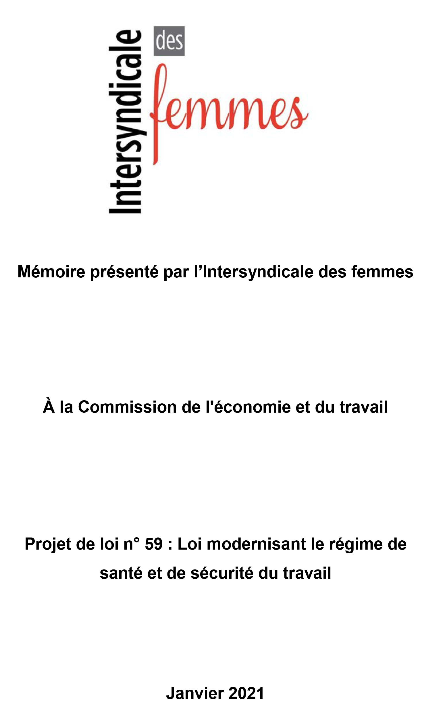 Mémoire de l'Intersyndicale des femmes sur le PL59 - 2021 Mémoire de l'Intersyndicale des femmes sur le PL59 - 2021