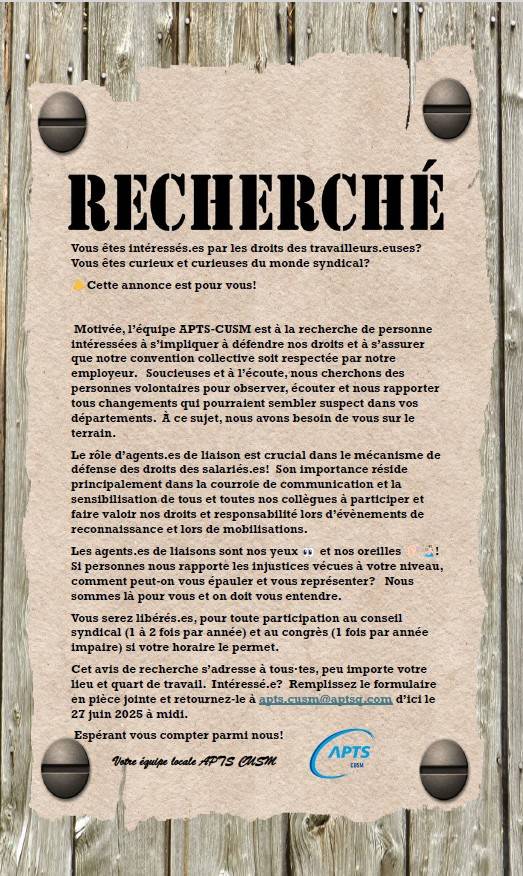 Avis de recherche d'agent de liaison / Liaison Officer Wanted - APTS Avis de recherche d'agent de liaison / Liaison Officer Wanted - APTS