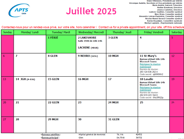 CALENDRIER DES PRESENCES SYNDICALES DE JUILLET 2025 / JULY 2025 UNION PRESENCES CALENDAR - APTS CALENDRIER DES PRESENCES SYNDICALES DE JUILLET 2025 / JULY 2025 UNION PRESENCES CALENDAR - APTS