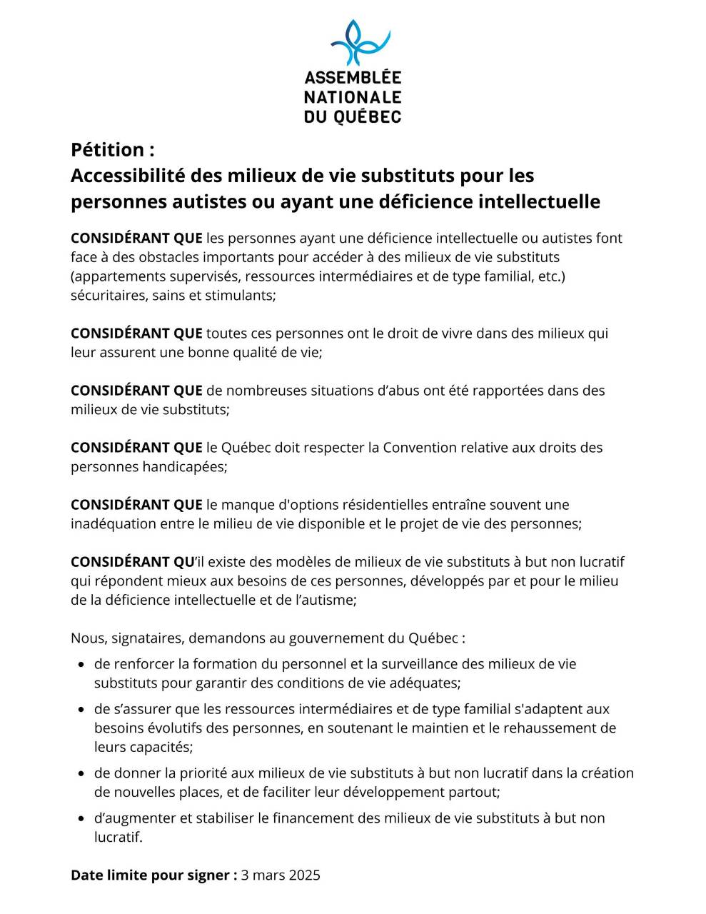 Pétition - Accessibilité des milieux de vie substituts pour les personnes autistes ou ayant une déficience intellectuelle - APTS Pétition - Accessibilité des milieux de vie substituts pour les personnes autistes ou ayant une déficience intellectuelle - APTS